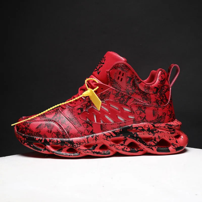 Men's high-top basketball shoes with camouflage pattern in black, green, red, and white colour options