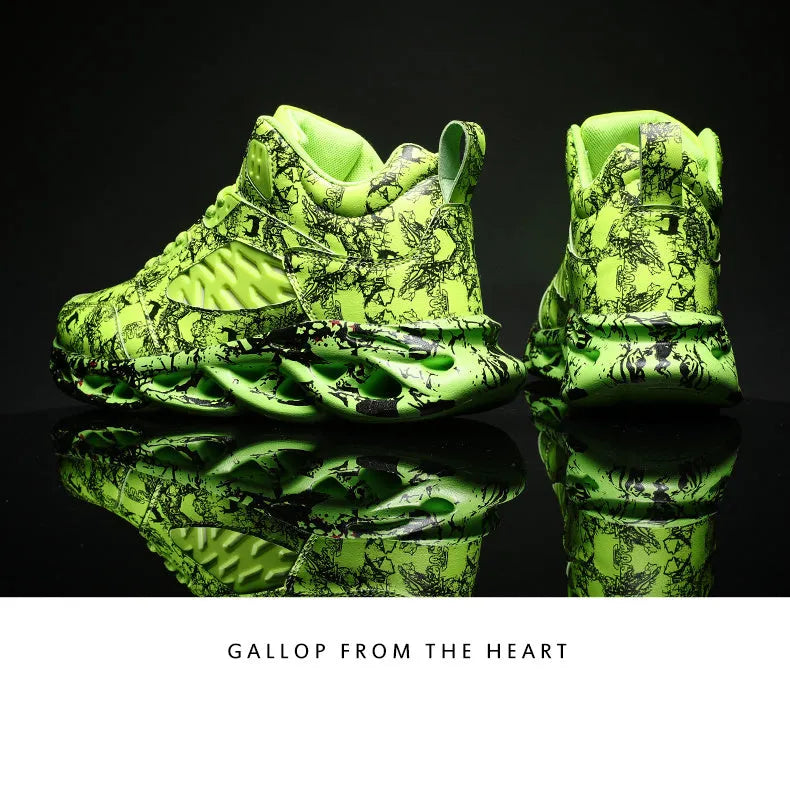 Men's high-top basketball shoes with camouflage pattern in black, green, red, and white colour options