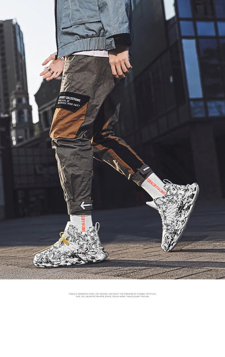 Men's high-top basketball shoes with camouflage pattern in black, green, red, and white colour options