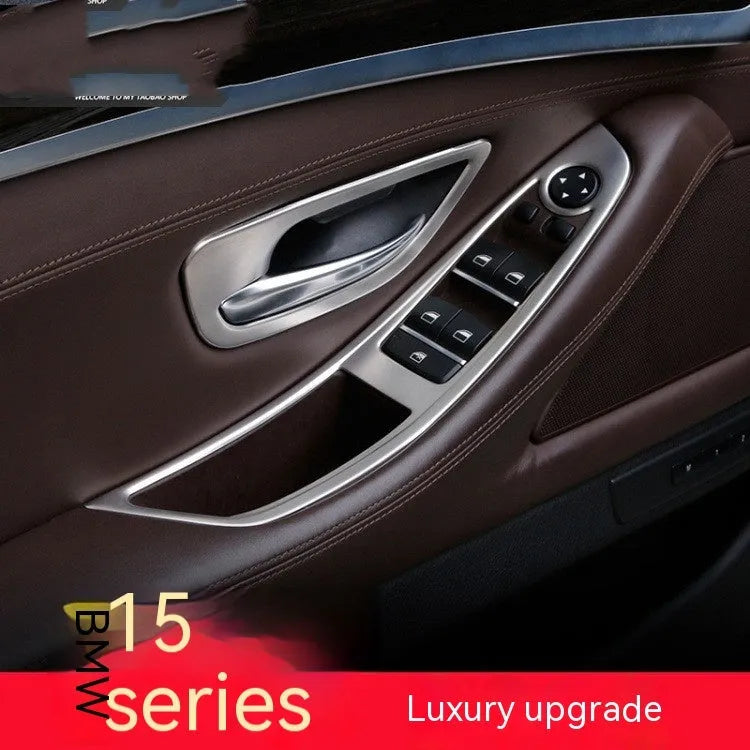 Four silver/grey ABS and stainless steel decorative trim strips for BMW 5 Series F10/F11 interior door handles.