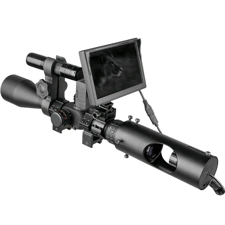 Black digital night vision goggles with 5-inch LCD display and infrared transmitter for 200m viewing range