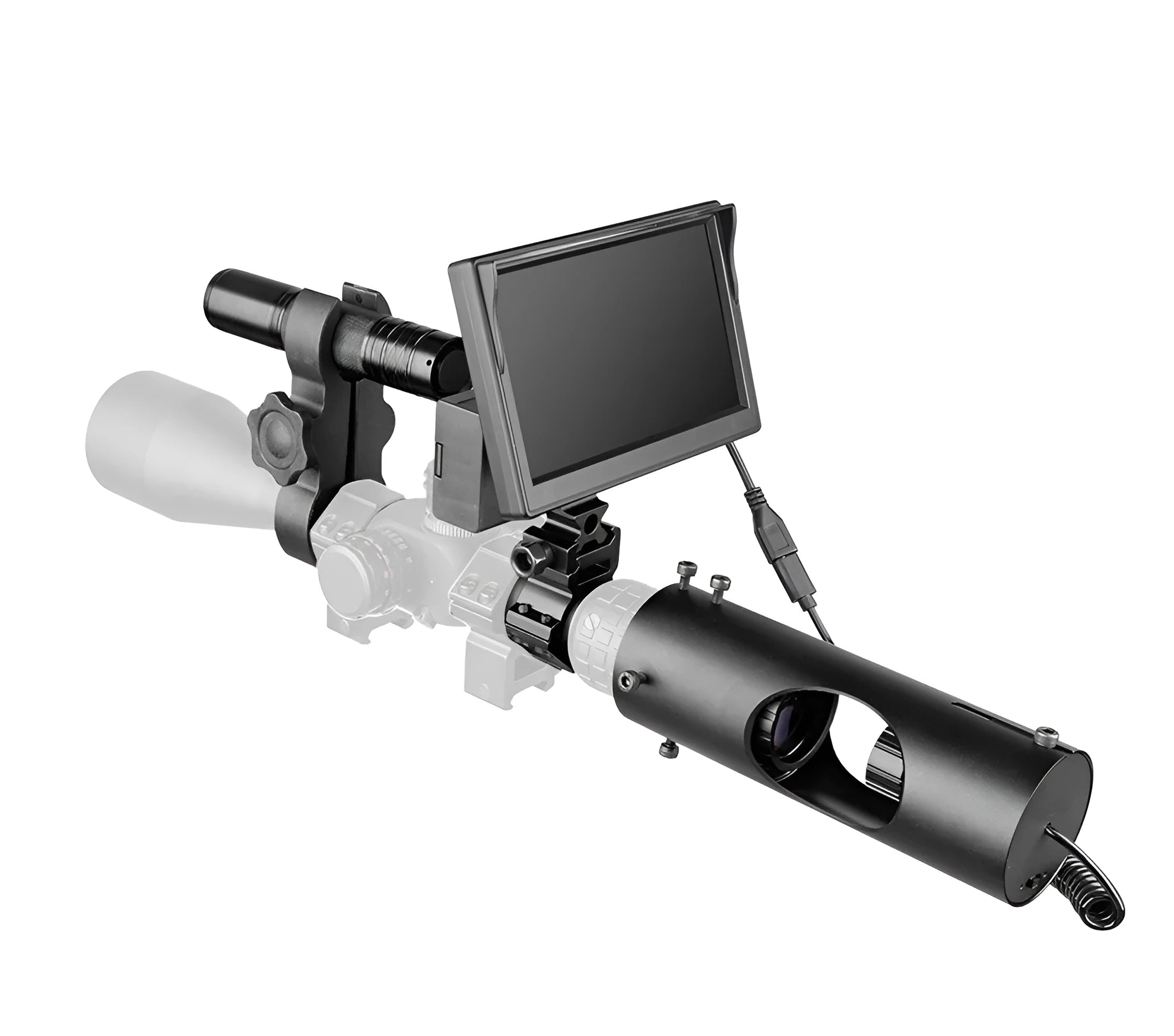Black digital night vision goggles with 5-inch LCD display and infrared transmitter for 200m viewing range