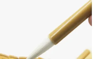 Three Chinese calligraphy brushes with bamboo handles and wool bristles shown in large, medium, and small sizes.
