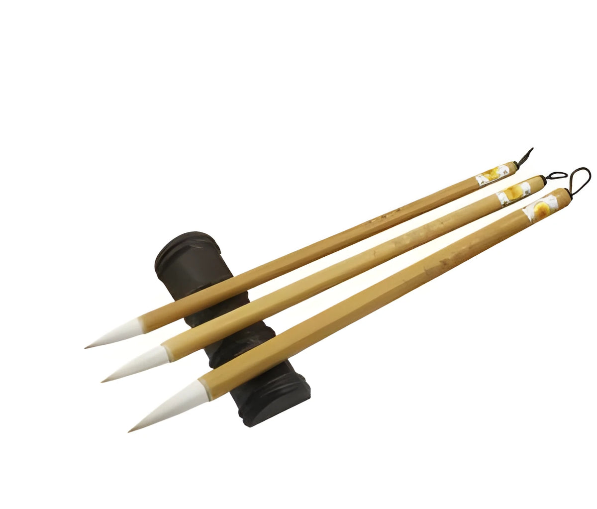 Three Chinese calligraphy brushes with bamboo handles and wool bristles shown in large, medium, and small sizes.