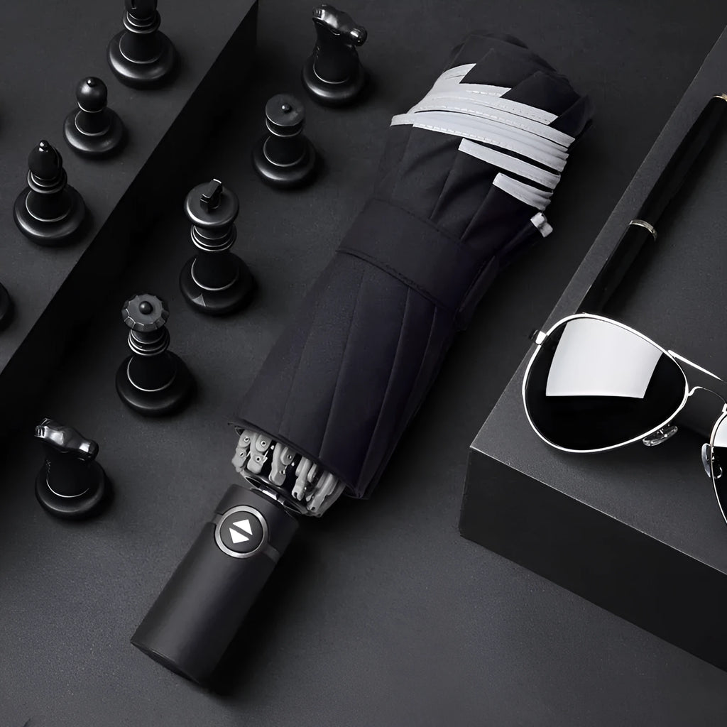 Automatic reverse umbrella with black canopy showing reverse folding design and plastic non-slip handle