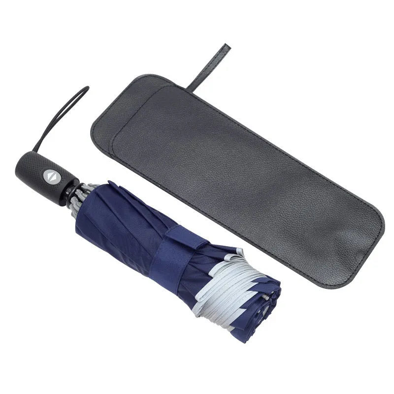 Automatic reverse umbrella with black canopy showing reverse folding design and plastic non-slip handle