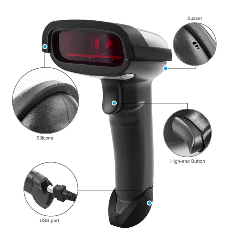 Black wireless handheld laser barcode scanner with USB cable on white background