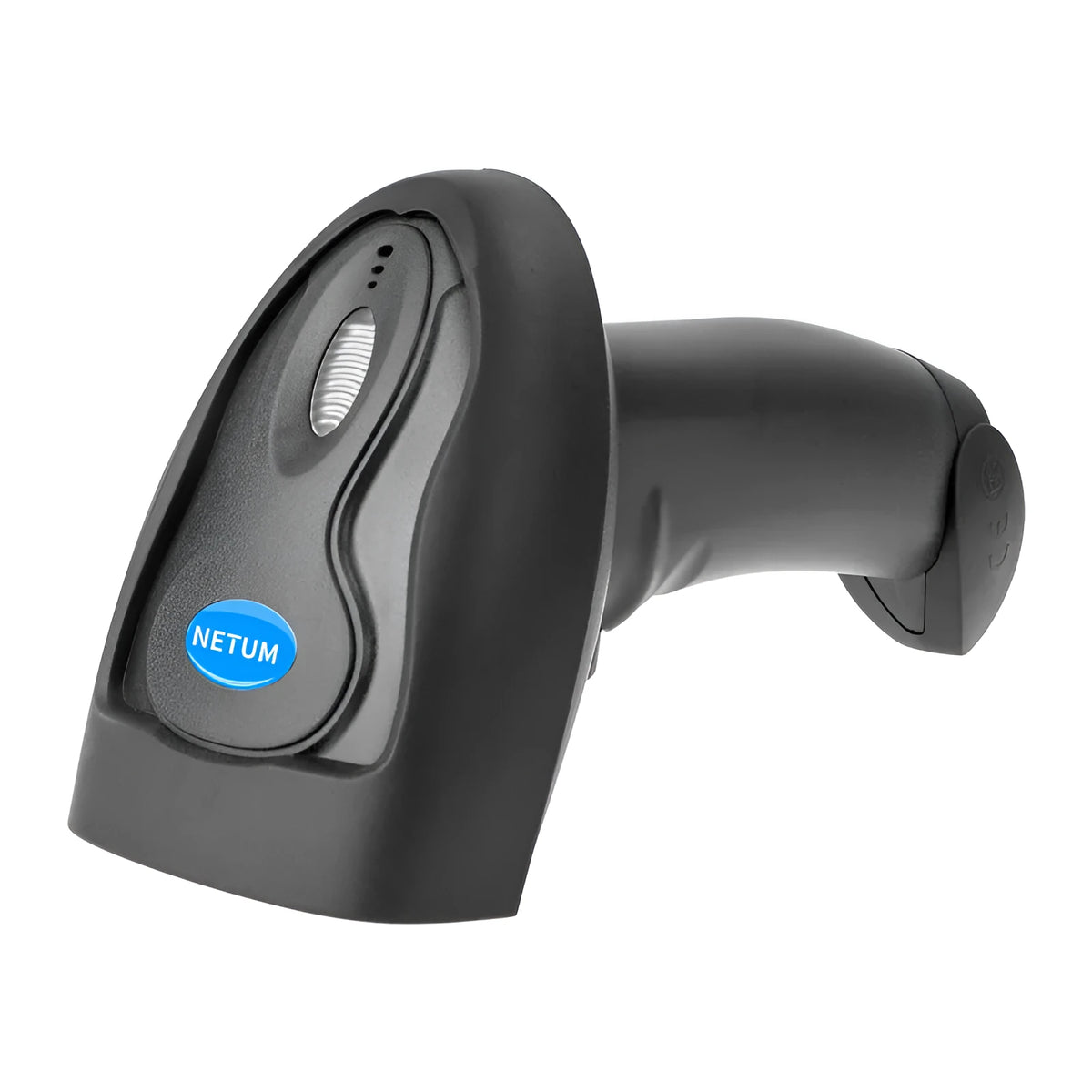 Black wireless handheld laser barcode scanner with USB cable on white background