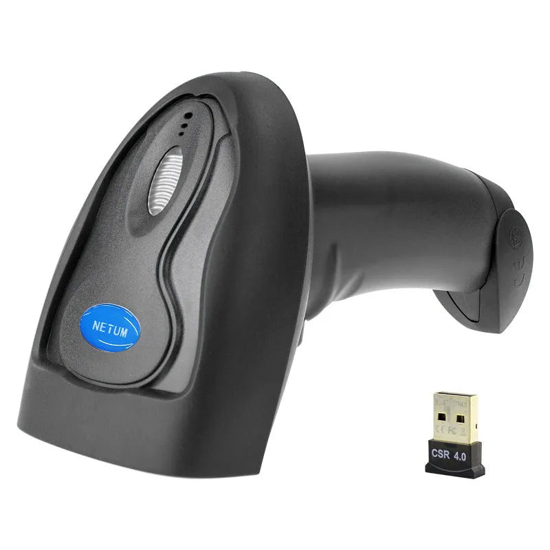 Black wireless handheld laser barcode scanner with USB cable on white background