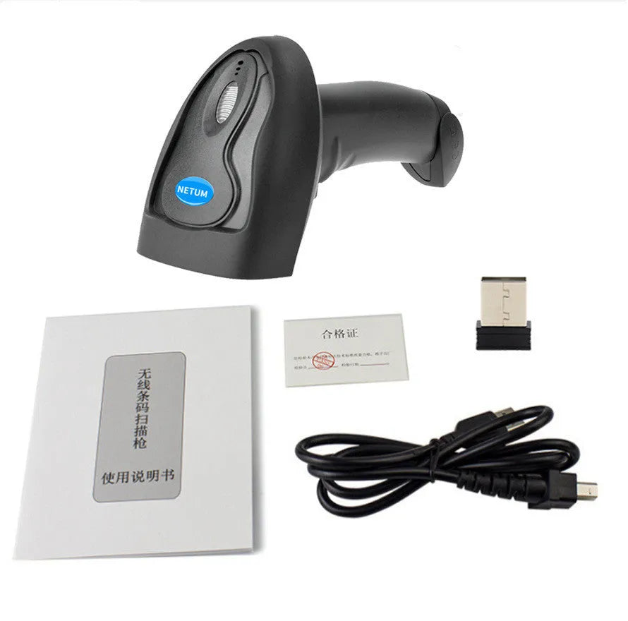 Black wireless handheld laser barcode scanner with USB cable on white background