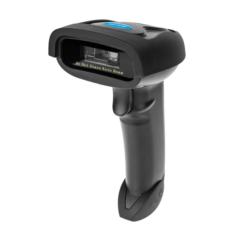 Black wireless handheld laser barcode scanner with USB cable on white background