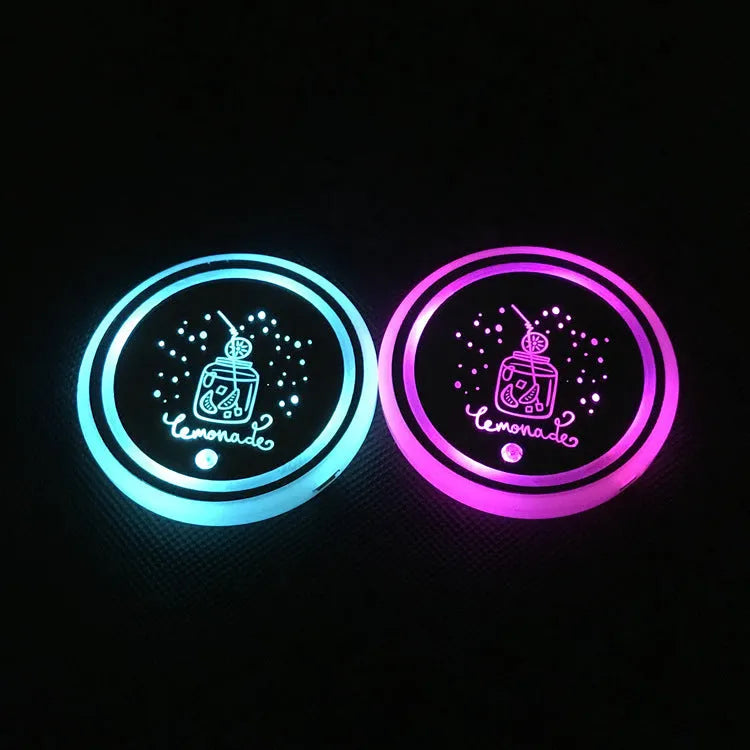 LED luminous acrylic water coaster 68mm diameter with five style options on a table surface