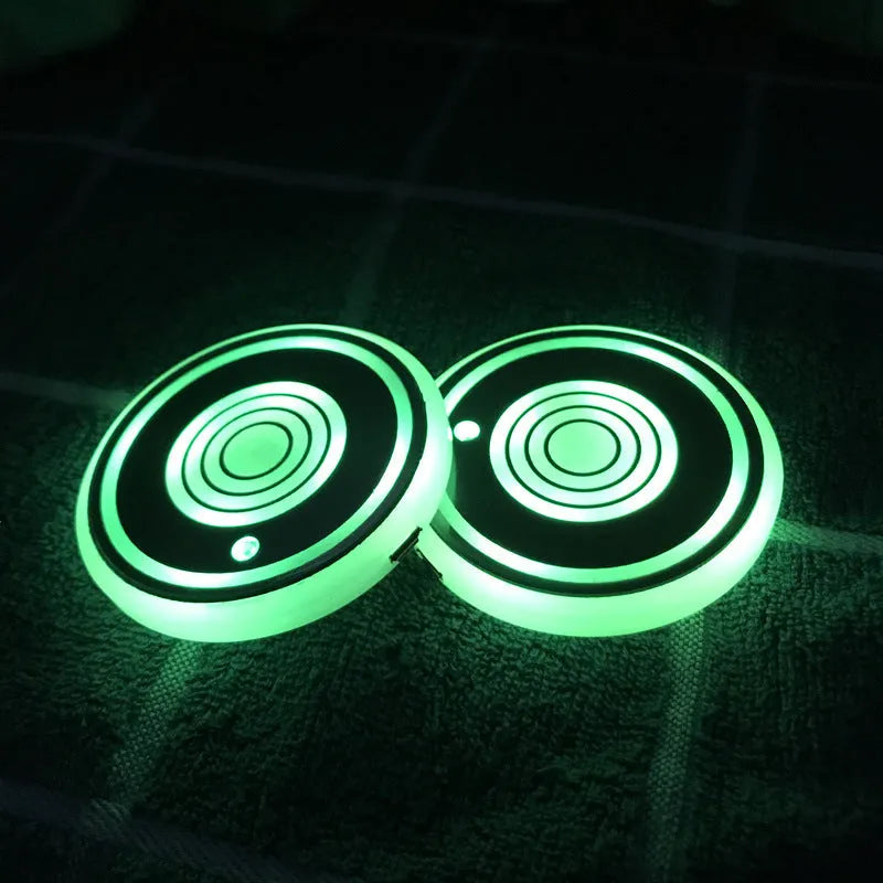 LED luminous acrylic water coaster 68mm diameter with five style options on a table surface
