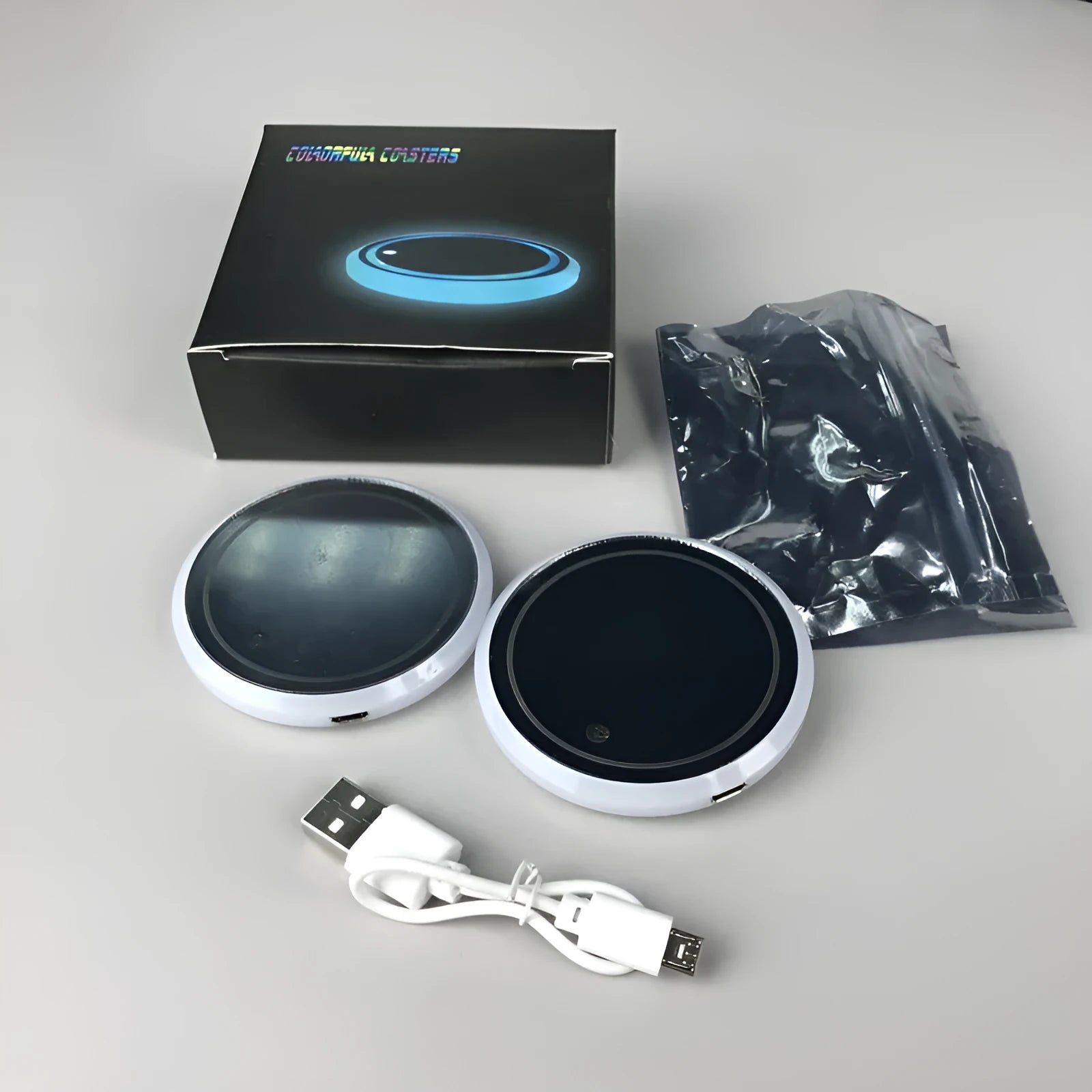 LED luminous acrylic water coaster 68mm diameter with five style options on a table surface
