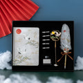 Chinese style metal feather pen set with notebook and multiple feather colours