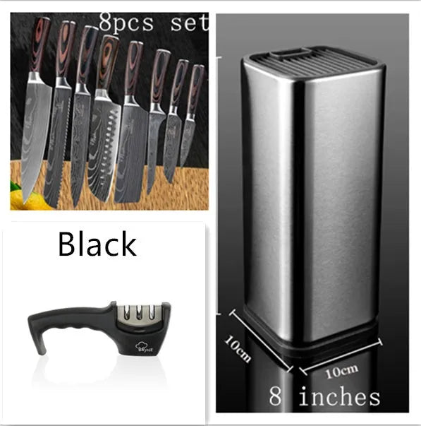 Kitchen knife set with Damascus-pattern stainless steel blades and colour steel handle.