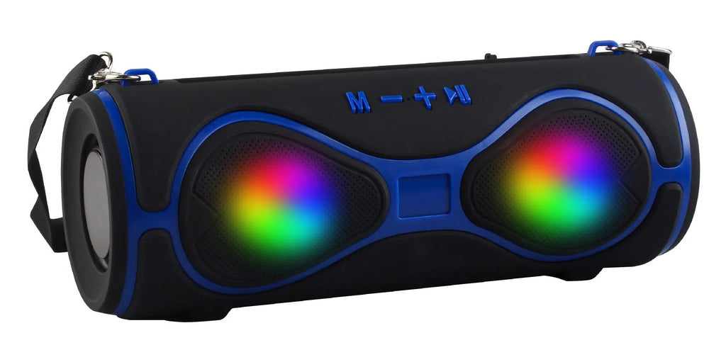 Multifunctional lantern-style Bluetooth speaker with strap in black, blue, orange, red, or silver grey.