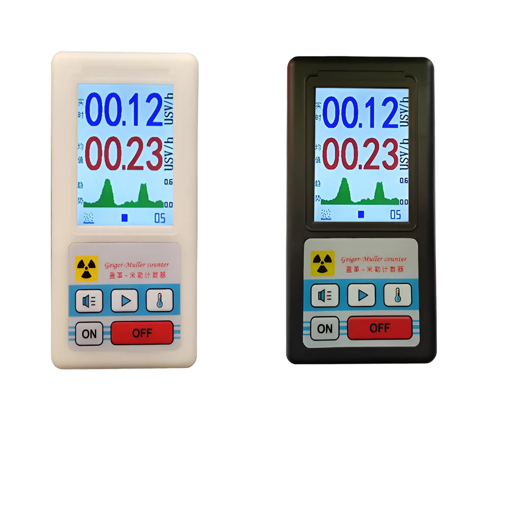 Nuclear radiation detector with GM tube, measuring 135 x 70 x 38mm in ABS shell, black or white