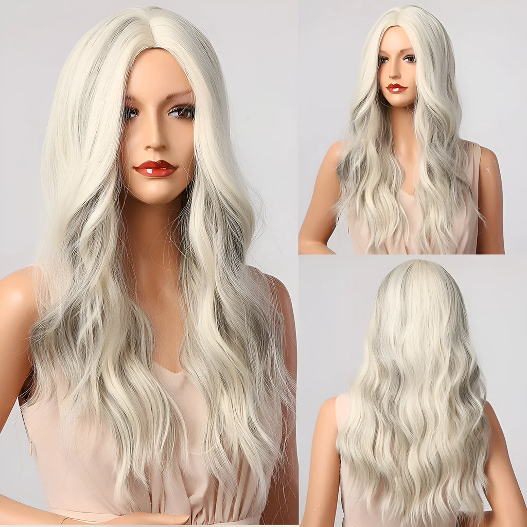 White 24 inch long curly wig with 150% density, middle parting and medium to small curls