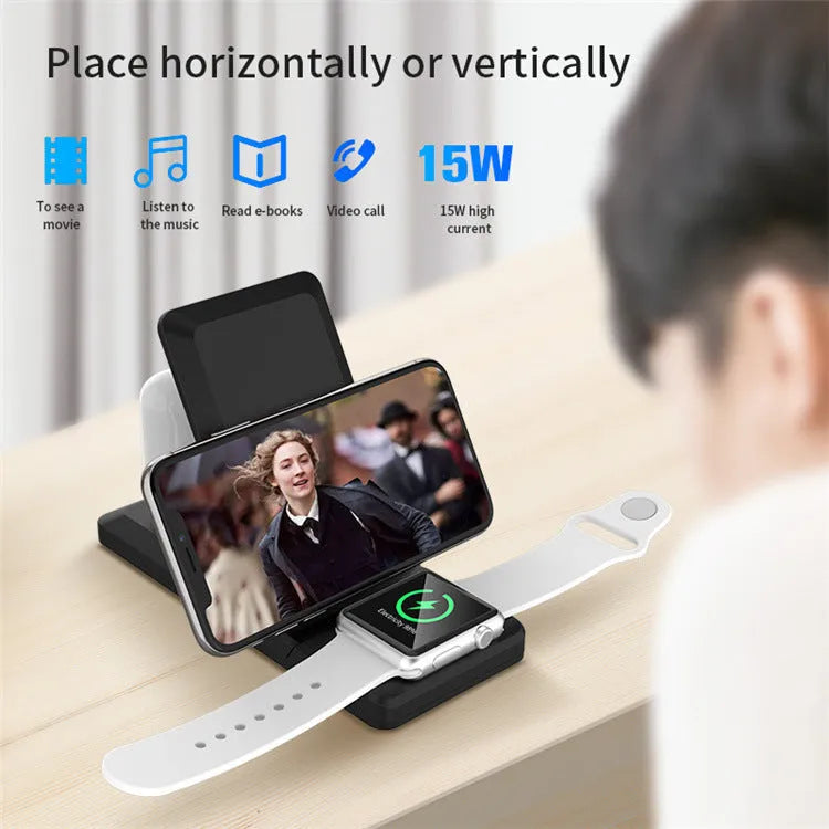 Three-in-one wireless charger charging stand in black, white, grey, green and yellow with 2400mA current