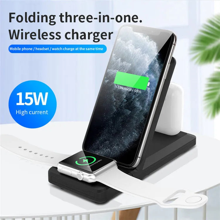 Three-in-one wireless charger charging stand in black, white, grey, green and yellow with 2400mA current