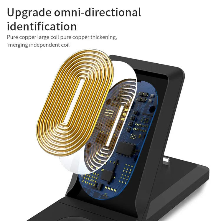 Three-in-one wireless charger charging stand in black, white, grey, green and yellow with 2400mA current