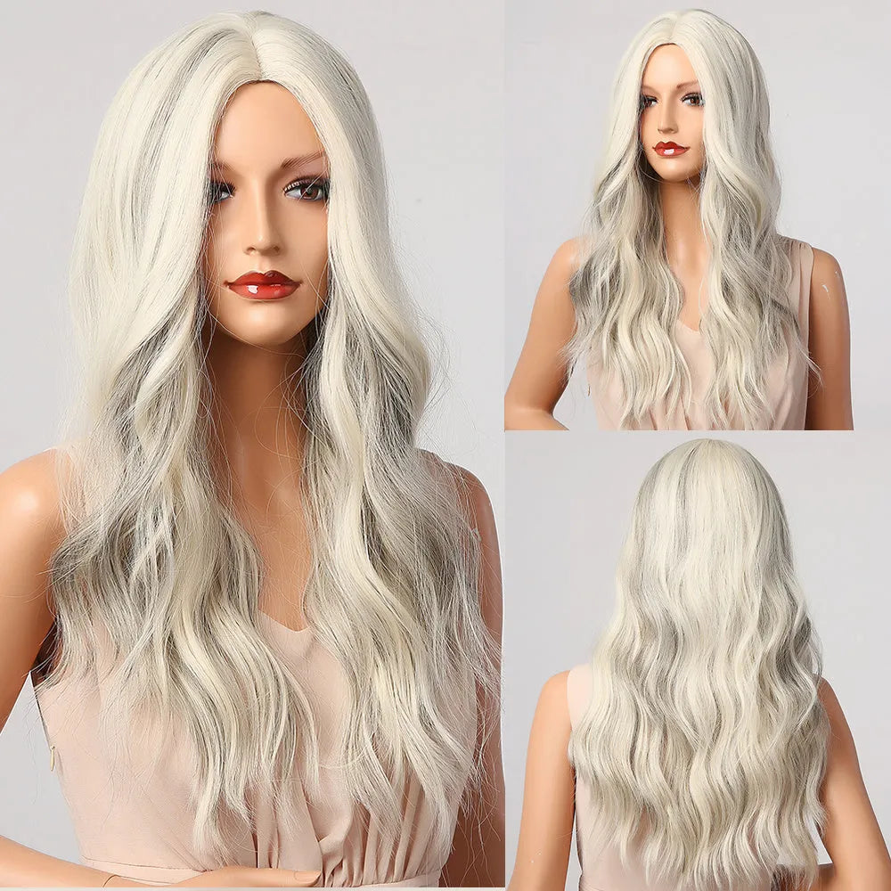 White 24 inch long curly wig with 150% density, middle parting and medium to small curls