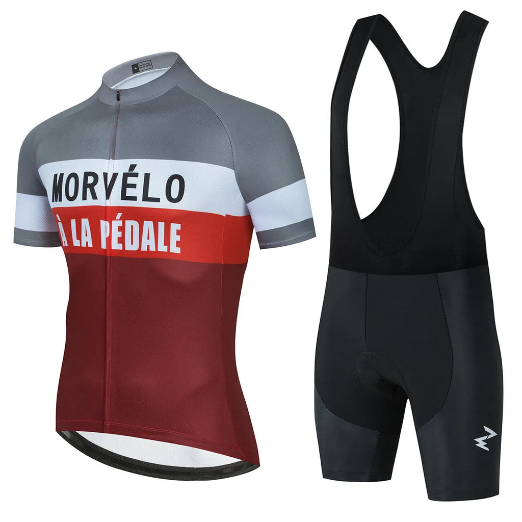 Men's summer short-sleeved cycling jersey suit with moisture-wicking polyester top and Lycra pants in light blue and dark blue