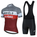 Men's summer short-sleeved cycling jersey suit with moisture-wicking polyester top and Lycra pants in light blue and dark blue