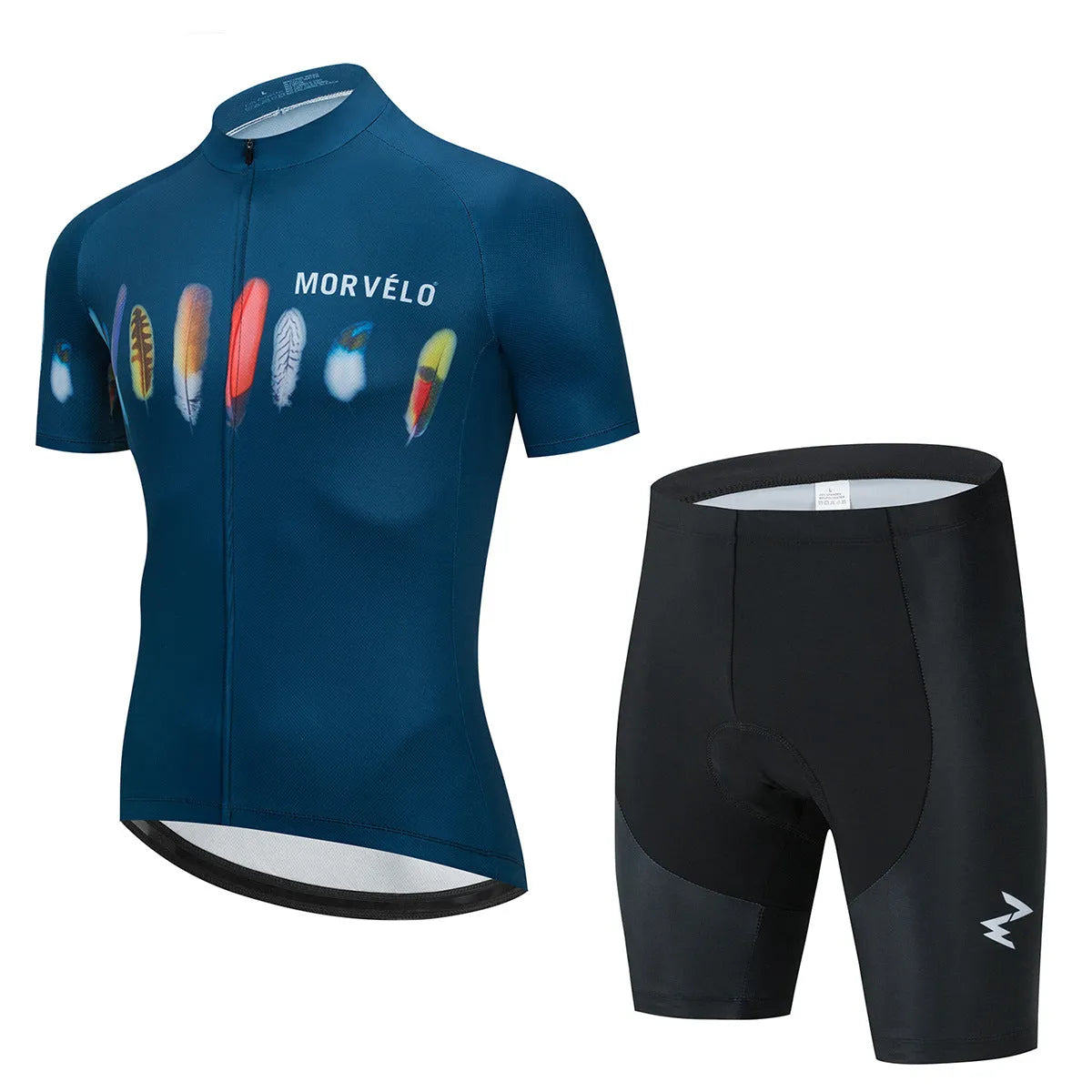 Men's summer short-sleeved cycling jersey suit with moisture-wicking polyester top and Lycra pants in light blue and dark blue