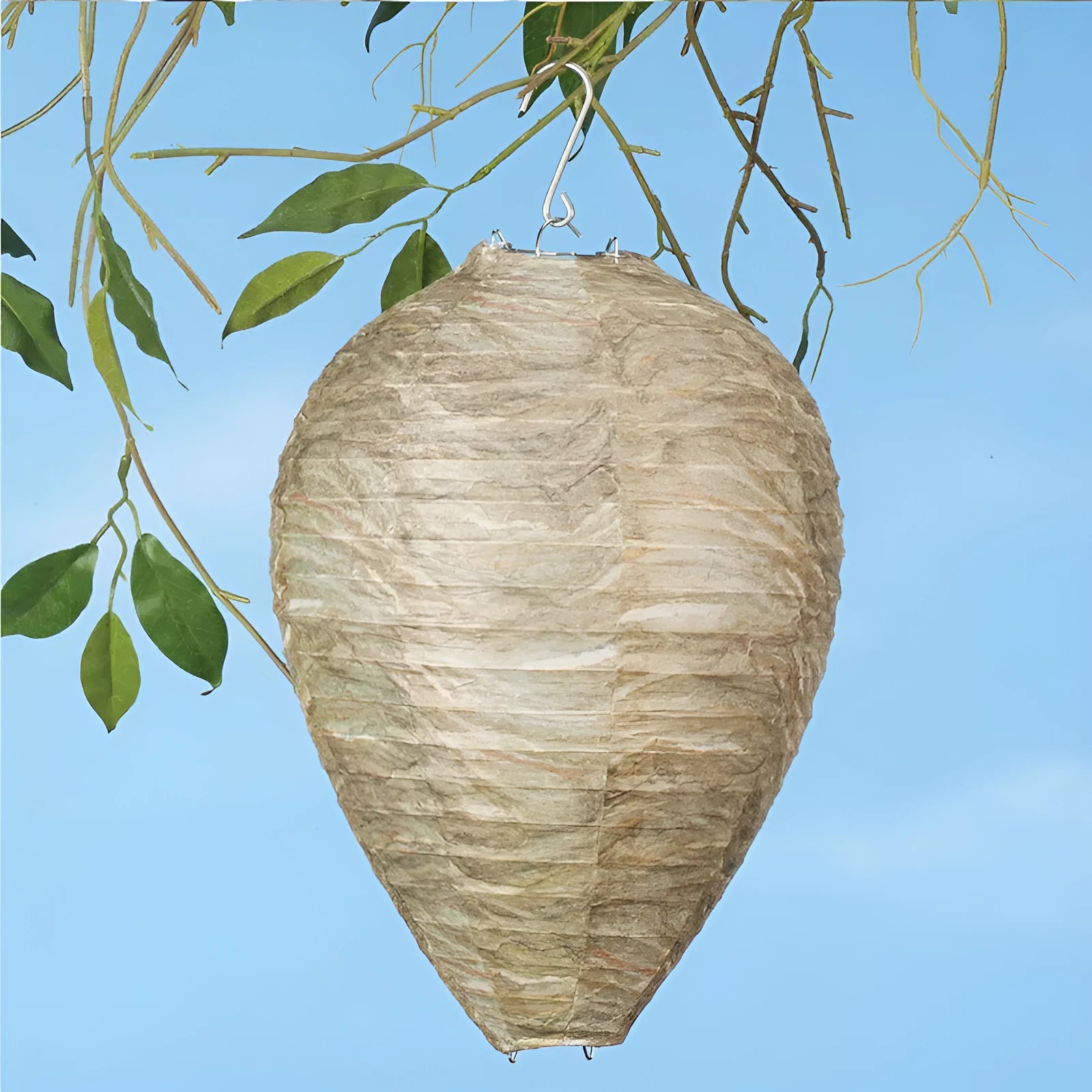 Hexagonal beehive lantern with paper and wire construction measuring 22cm by 28cm