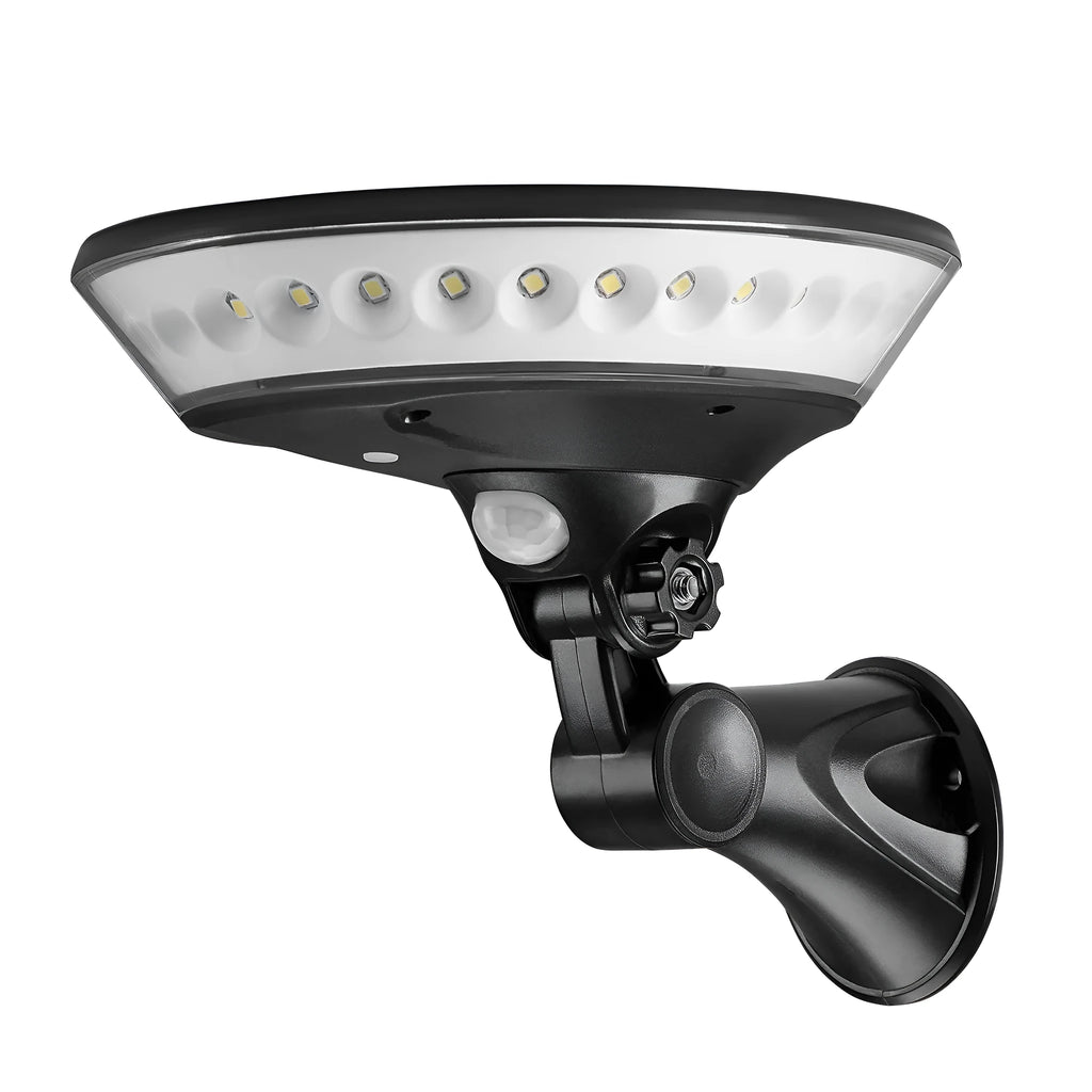 Solar-powered 360-degree outdoor security light with motion sensor mounted on wall