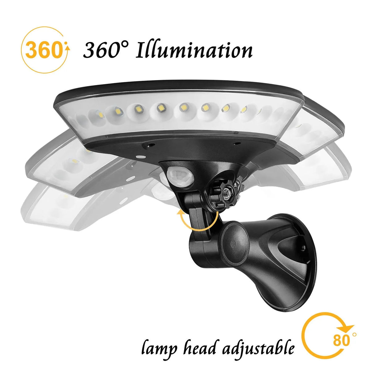 Solar-powered 360-degree outdoor security light with motion sensor mounted on wall