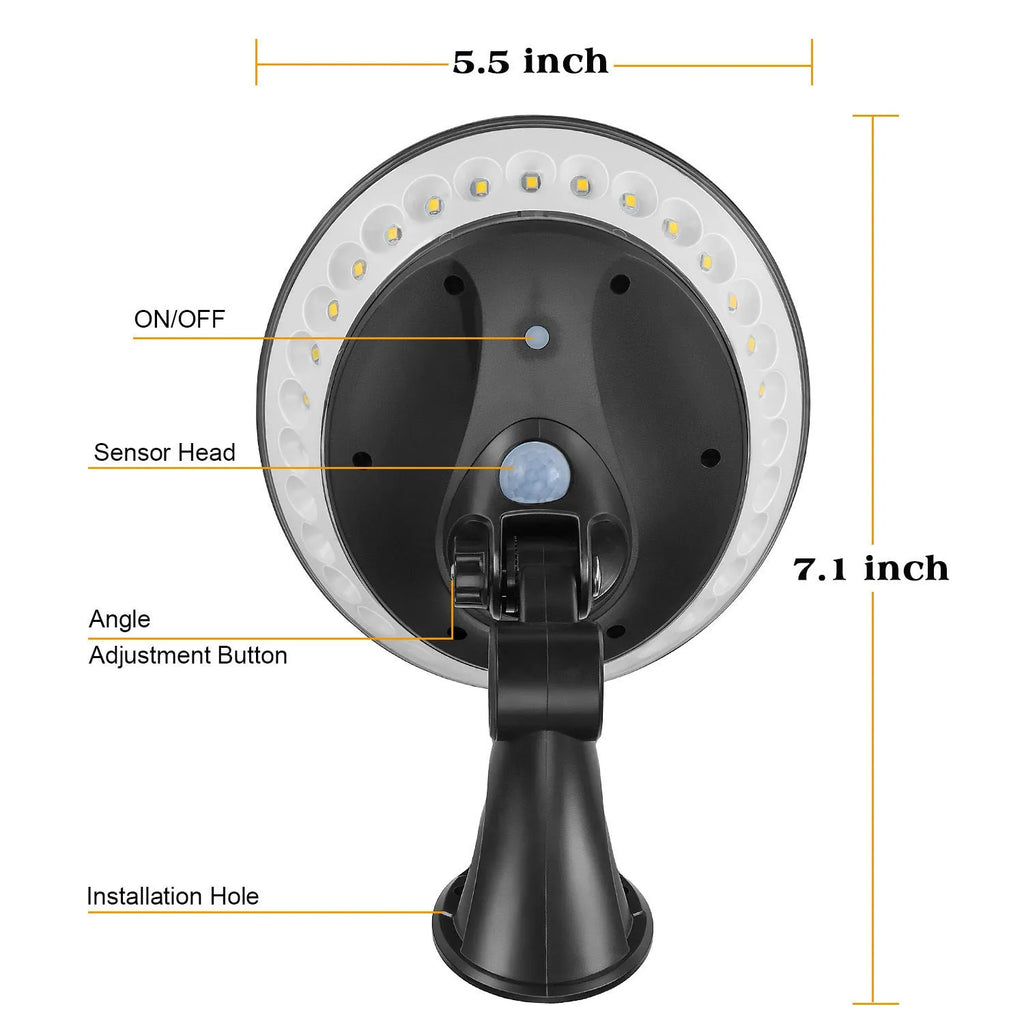 Solar-powered 360-degree outdoor security light with motion sensor mounted on wall