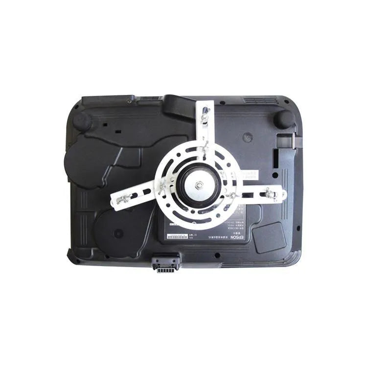 White electric ceiling projector hanger with ultra-thin chassis and wireless remote control on a grey background.