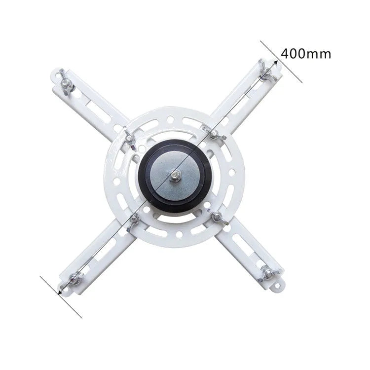 White electric ceiling projector hanger with ultra-thin chassis and wireless remote control on a grey background.