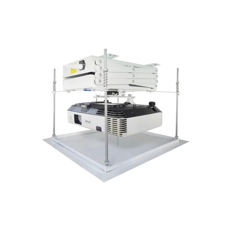 White electric ceiling projector hanger with ultra-thin chassis and wireless remote control on a grey background.