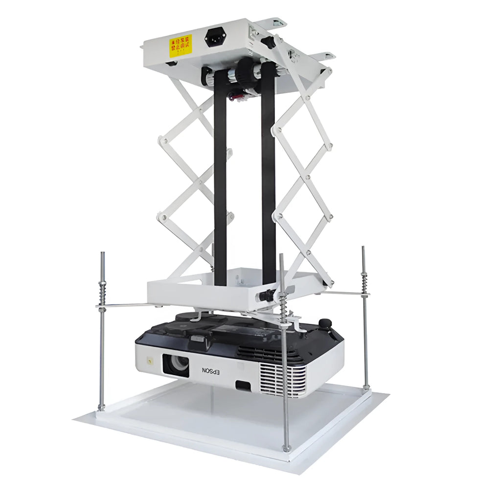 White electric ceiling projector hanger with ultra-thin chassis and wireless remote control on a grey background.