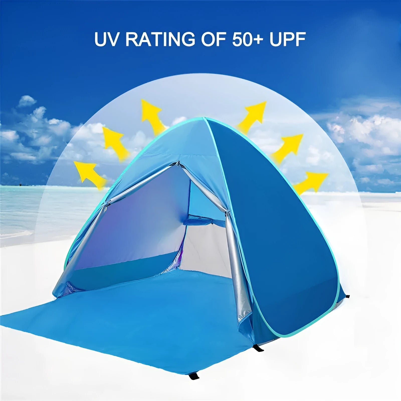 Blue automatic camping tent with double size, waterproof fabric, and round storage bag