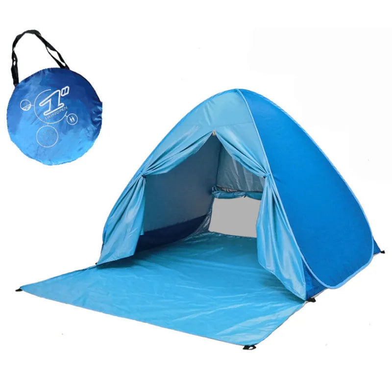 Blue automatic camping tent with double size, waterproof fabric, and round storage bag