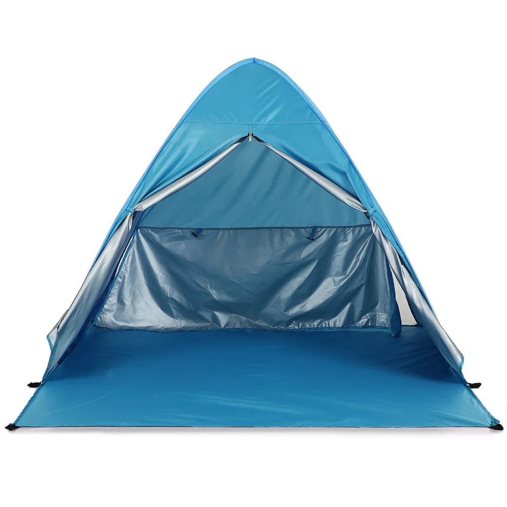 Blue automatic camping tent with double size, waterproof fabric, and round storage bag