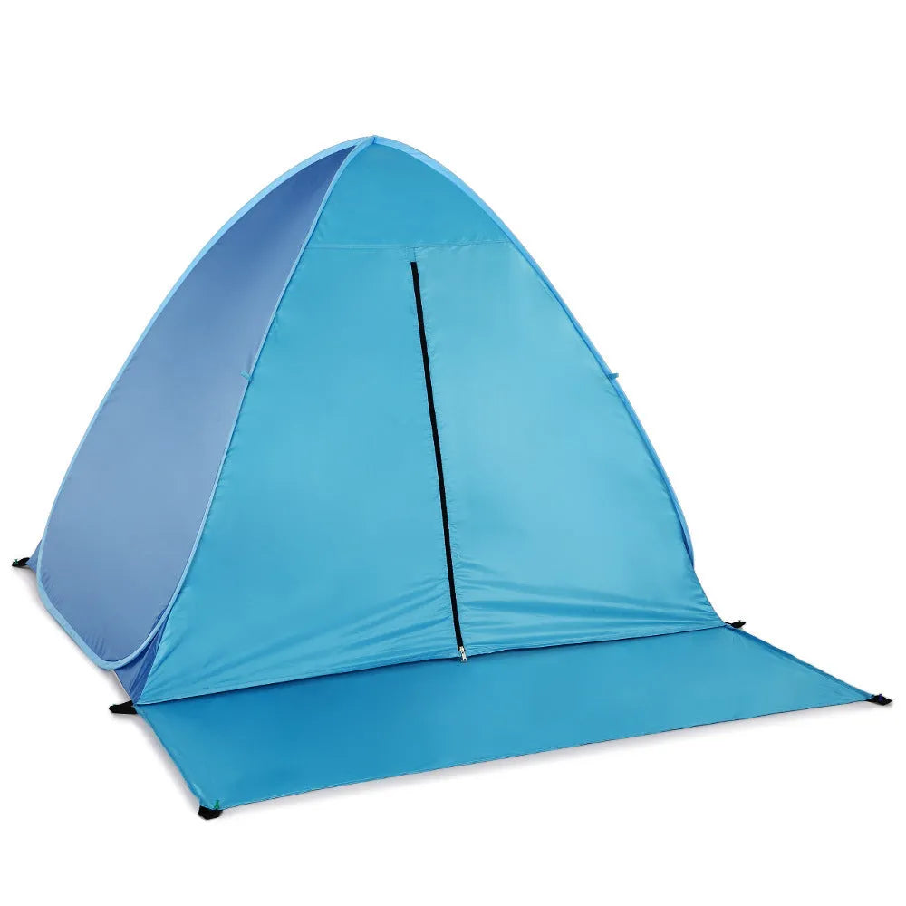 Blue automatic camping tent with double size, waterproof fabric, and round storage bag