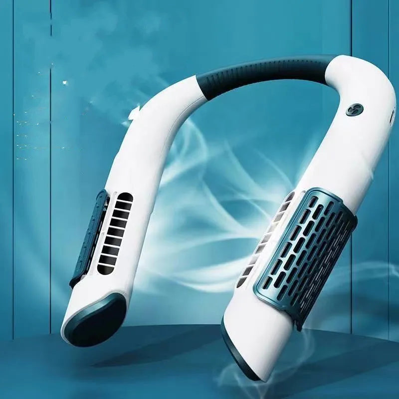 Bladeless neck fan in white green, pink, or yellow, 223x190mm, USB rechargeable with 3 speeds and 2000mAh battery.