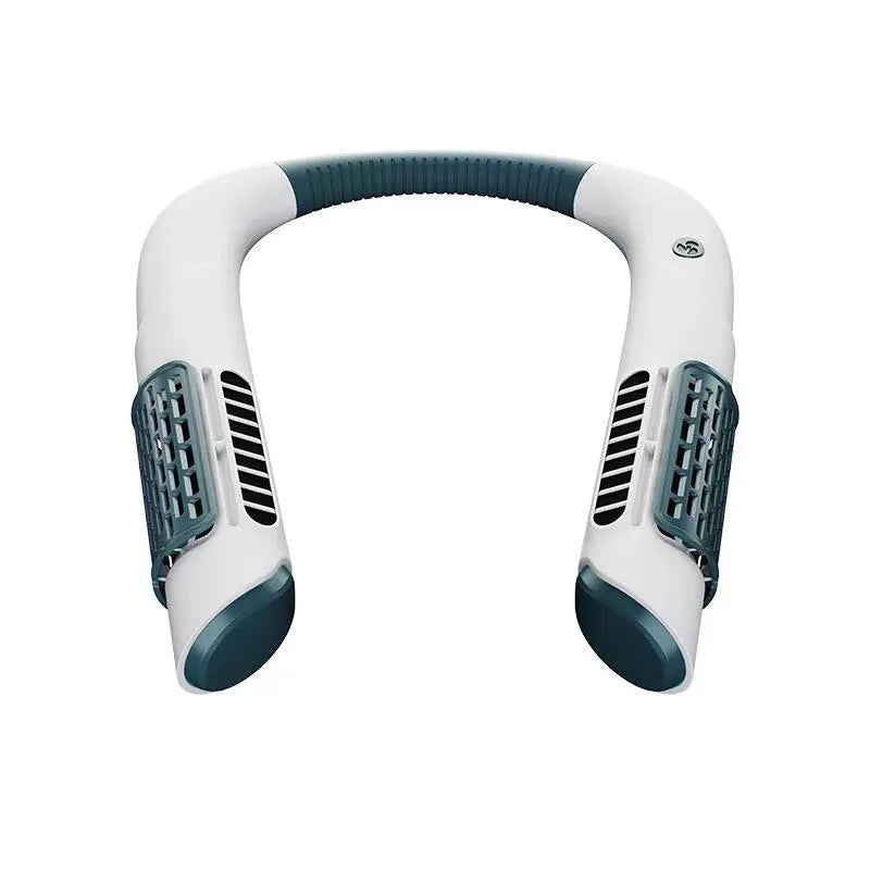Bladeless neck fan in white green, pink, or yellow, 223x190mm, USB rechargeable with 3 speeds and 2000mAh battery.