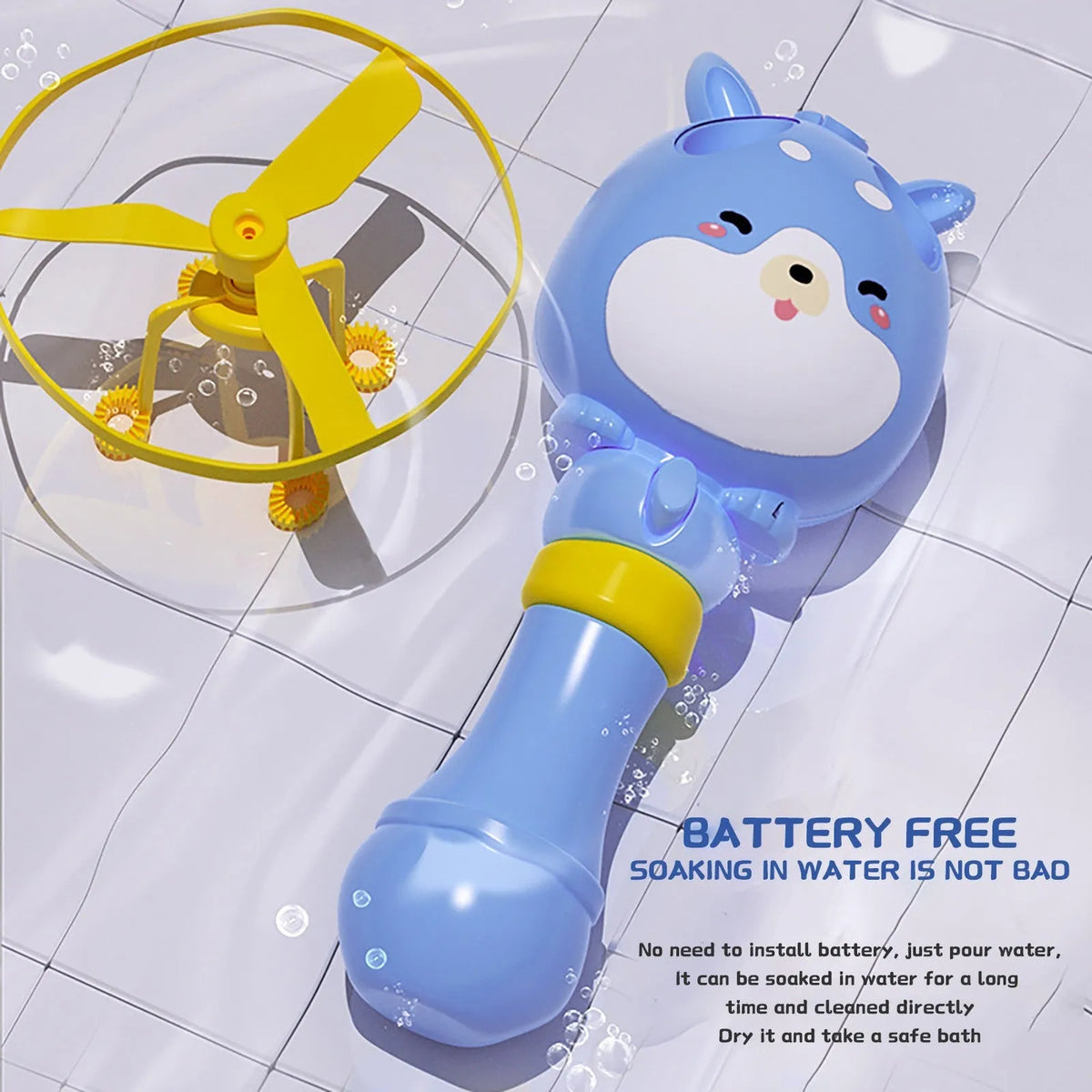 Bamboo dragonfly flying bubble machine in blue, 22 x 9 x 17.5cm, hand-controlled outdoor toy with music