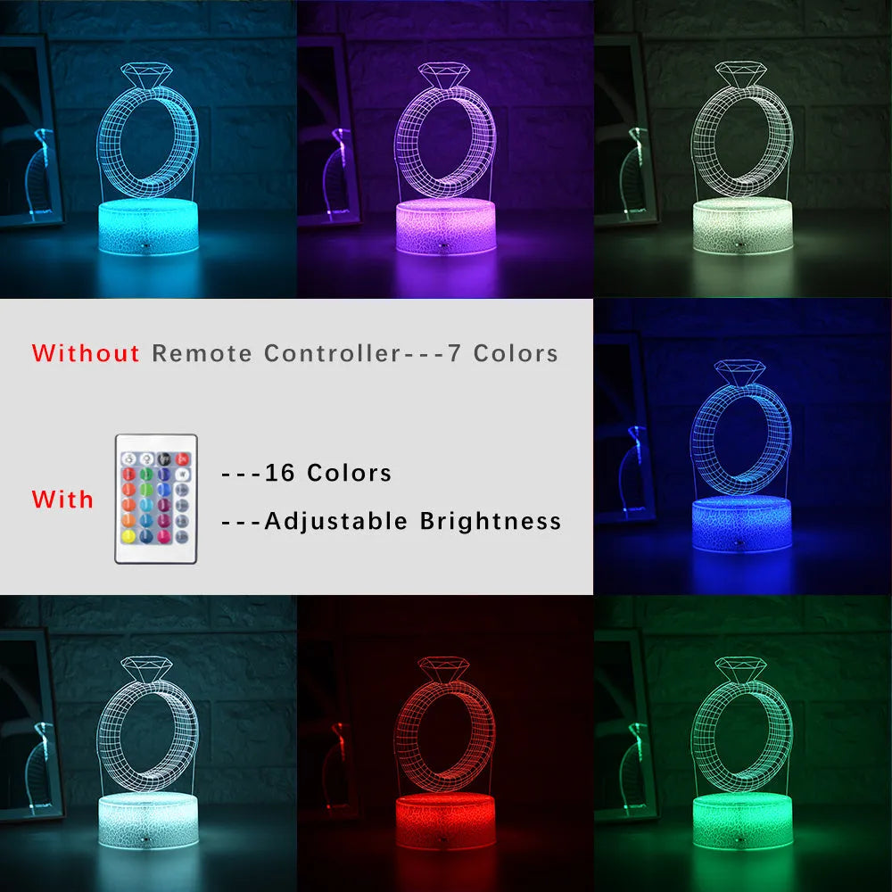 3D diamond ring LED night light with colour-changing acrylic panel on ABS plastic base.