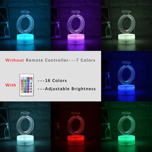 3D diamond ring LED night light with colour-changing acrylic panel on ABS plastic base.