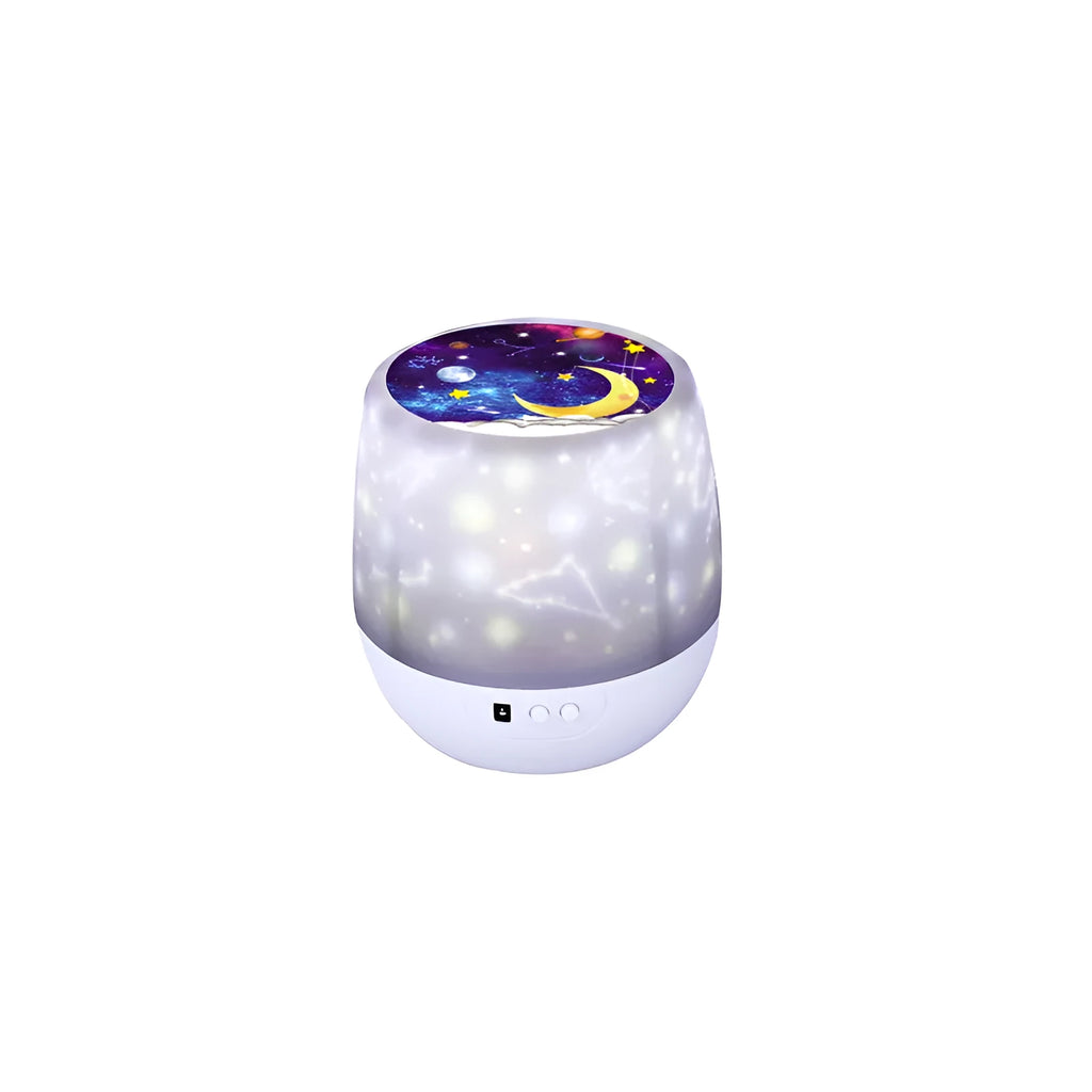 Pruixin rotating projector night light showing star patterns on a wall with remote control.