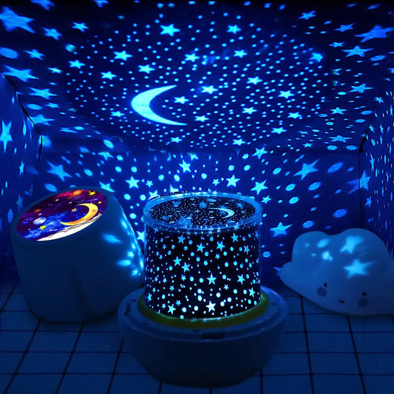 Pruixin rotating projector night light showing star patterns on a wall with remote control.