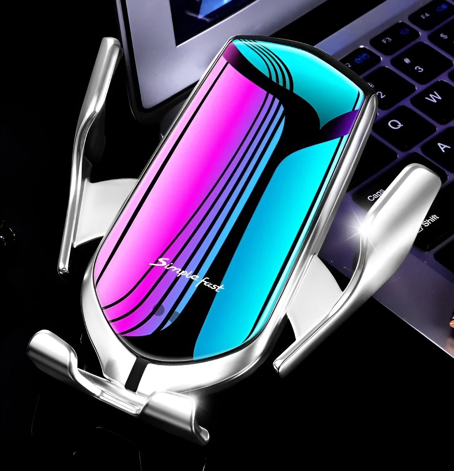 Magic Clip R1 automatic wireless charging car phone holder in gold or silver on car dashboard